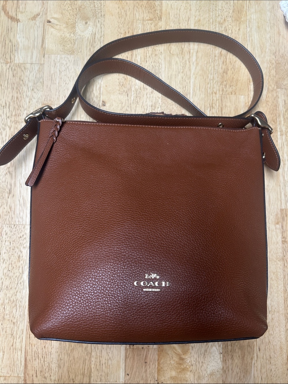 Coach Pebbled Leather Crossbody in Cognac Brown with Gold Logo